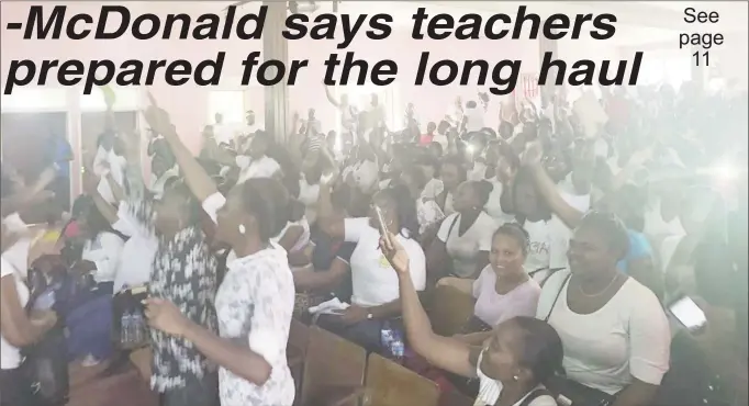  ??  ?? The crowd cheering on as General Secretary of the Guyana Teachers’ Union, Coretta McDonald made her remarks at the meeting in the packed Mackenzie High School auditorium