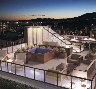  ??  ?? An artist’s rendering shows off both a penthouse roof deck at Eleven West, left, and the large windows, right, that will allow occupants to take in an impressive array of views.