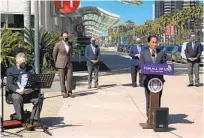  ?? GARY WARTH U-T ?? San Diego Mayor Todd Gloria speaks outside the San Diego Convention Center during a news conference on Friday.