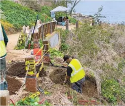  ?? COURTESY PHOTO ?? Crew members with Black Sage Environmen­tal work to stabilize a slope next to Coast Walk Trail in La Jolla this month.