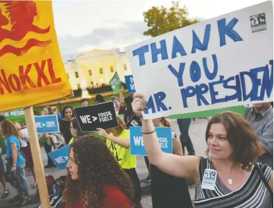  ?? MANDEL NGAN / AFP / GETTY IMAGES FILES ?? When President Barack Obama blocked the Keystone XL oil pipeline in 2015 his supporters rallied at the White House. Now, it looks like Joe Biden will be pulling a key permit for the pipeline after Wednesday's inaugurati­on.