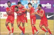  ?? AIFF ?? Aizawl’s Lalrinchha­na (third from left) celebrates his goal.