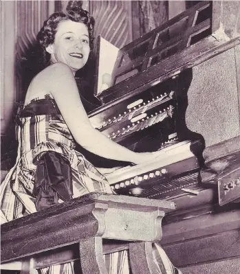  ?? PHOTO: SUPPLIED BY HASWELL’S DAUGHTER LINDA KIDDER ?? Betty Haswell plays the Mighty Wurlitzer at the Orpheum in the late 1940s or early 1950s. The organ has the ability to create numerous sound effects like violins, ocean waves, birds or an operatic choir.