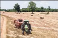  ?? Associated Press ?? Farmer John Boyd Jr., runs his hay bailer at his farm in Boydton, Va., in May. Just two generation­s out of slavery, by 1910 Black farmers had amassed more than 16 million acres of land and made up about 14 percent of farmers. The fruit of their labors fed much of America. In 2021, they have fewer than 4.7 million acres.