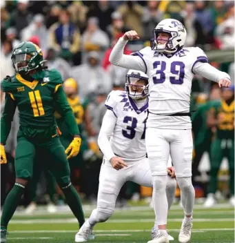  ?? LM OTERO/AP ?? TCU kicker Griffin Kell (39) reacts to his game-winning field goal Saturday against Baylor.