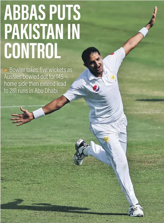  ?? AP ?? Pakistan bowler Mohammed Abbas celebrates after taking the wicket of Australian batsman Shaun Marsh in Abu Dhabi yesterday