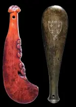  ??  ?? From top: Fishing lures (pā kahawai), the top two adapted by Māori from European materials; two perspectiv­es of a clay pipe from the 1830s; two patu – the one at left collected by Joseph Banks during Cook’s first voyage and the second bearing Banks’ coat of arms and used as a gift.