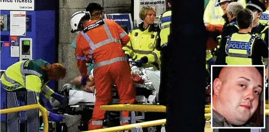 ??  ?? Aftermath: Doctors and emergency crews treat the injured at Manchester’s Victoria station. Inset: Victim John Atkinson