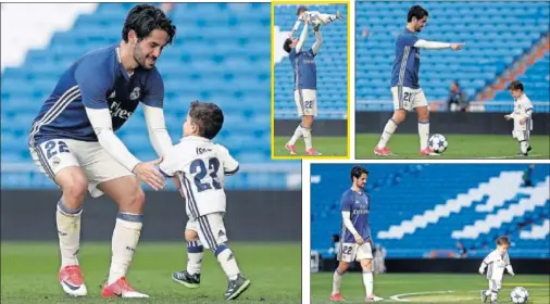  ??  ?? CON ISCO JÚNIOR. Tras el partido, el malagueño aprovechó un Bernabéu vacío para disfrutar en el césped con su hijo, que le lanzó penaltis...