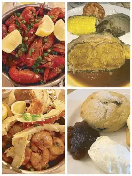  ??  ?? The memorable meals on board: Crawfish with sausage and corn, Alaskan king crabs with shrimps, succulent rib-eye steak and scones with thick cream