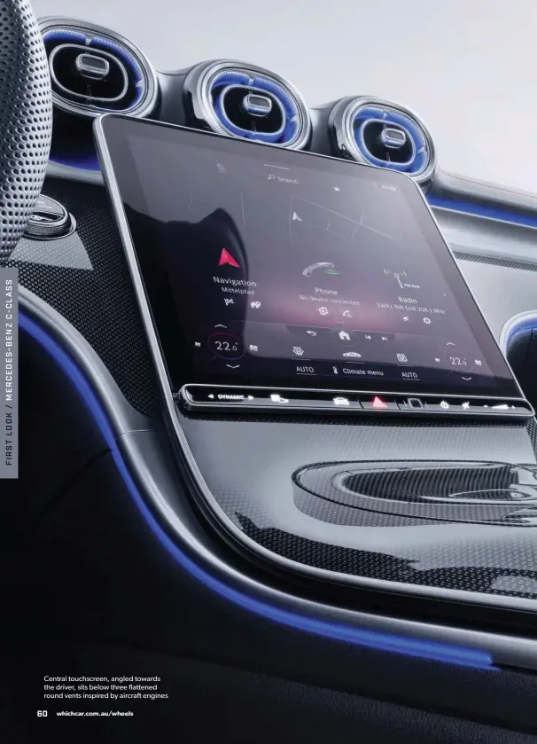  ??  ?? Central touchscree­n, angled towards the driver, sits below three flattened round vents inspired by aircraft engines