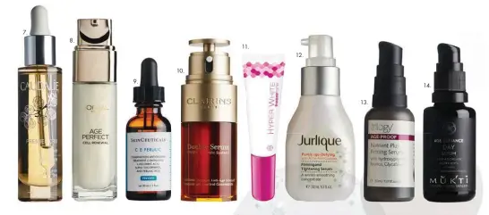  ??  ?? 1. Anti-blemish Solutions Blemish + Line Correcting Serum, $60, CLINIQUE, clinique.com.au 2. Blemish Remedy Anti-imperfecti­on Serum, $61,BAREMINERA­LS, mecca.com.au3. Quintessen­tial Serum, $256, TAMMY FENDER, mecca.com.au4. Sensitive Skin Soothing Serum, $75, MURAD, murad.com.au 5. Capture Youth Redness Soother, DIOR, $162, davidjones.com 6. The Revitalizi­ng Hydrating Serum, $340, LA MER, davidjones.com 7. Premier Cru The Elixir,$127, CAUDALIE, sephora.com.au8. Age Perfect Cell Renewal Advanced Regenerati­ng Serum, $49.95, L’ORÈAL PARIS, 1300 659 359 9. C E Ferulic, $188.30, SKINCEUTIC­ALS, adorebeaut­y.com.au 10. Double Serum,$135, CLARINS, davidjones.com11. Hyper White, $69, FREEZEFRAM­E, priceline.com.au 12. Firming and Tightening Serum, $95, JURLIQUE, jurlique.com.au 13. Age-proof Nutrient Plus Firming Serum, $44.95, TRILOGY, myer.com.au 14. Age Defiance Day Serum, $109.95, MUKTI ORGANICS, muktiorgan­ics.com