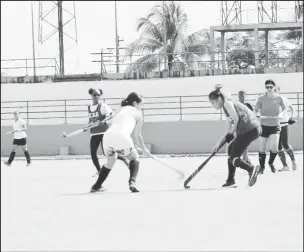  ?? ?? The female players in action at the Guyana National Stadium.