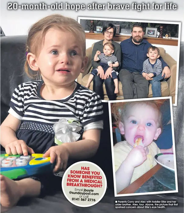  ??  ?? Parents Corry and Alex with toddler Ellie and her older brother, Alex, four. Above, the picture that first sparked concern about Ellie’s eye health.