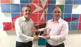  ??  ?? Ian Murray, CEO Discover the World (left) together with Roy Kinnear, Air Malta’s chief Commercial officer during a familiaris­ation trip to the airline's headquarte­rs in Luqa