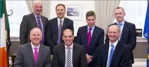  ??  ?? At the recent announceme­nt at Government buildings were, front row: Tomás O’Leary, nZebra; Minister Paul Kehoe and Jason Martin, Quinn building products. Back row: Michael Bennett, Bennett Builders; Padraig O’Gorman, Wexford County Council; Kevin...
