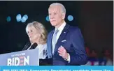  ??  ?? PHILADELPH­IA: Democratic Presidenti­al candidate former Vice President Joe Biden addresses the media and a small group of supporters with his wife Dr Jill Biden during a primary night event in Philadelph­ia. —AFP
