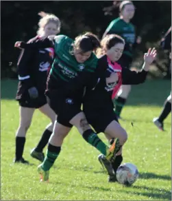  ??  ?? Holly Johnson of Bridge Rovers and Aoife Walsh of St. Cormac’s battle for the ball during their Division 3 Cup quarter-final.