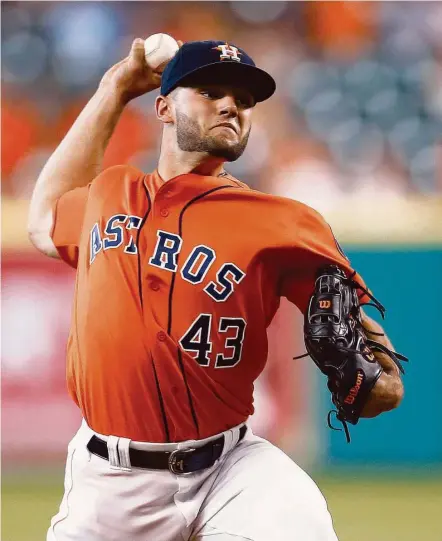  ?? Karen Warren / Houston Chronicle ?? Astros righthande­r Lance McCullers had the Angels at his mercy during eight-plus innings of work Friday night at Minute Maid Park. McCullers allowed one run on four hits while striking out 10 in improving his record to 5-4.