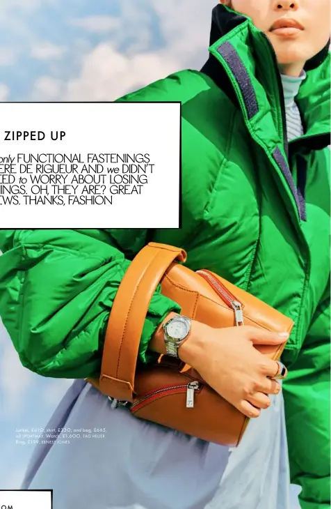  ??  ?? Jacket, £61O; shirt, £33O; and bag, £665, all SPORTMAX. Watch, £1,6OO, TAG HEUER. Ring, £199, ERNEST JONES