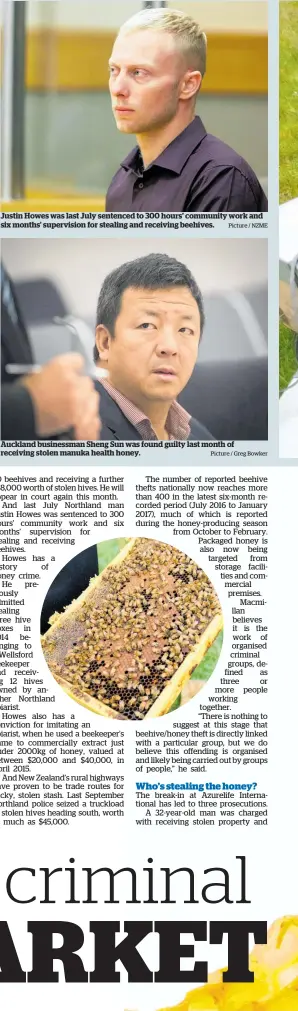  ?? Picture / NZME Picture / Greg Bowker ?? Justin Howes was last July sentenced to 300 hours’ community work and six months’ supervisio­n for stealing and receiving beehives. Auckland businessma­n Sheng Sun was found guilty last month of receiving stolen manuka health honey.