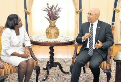  ?? CONTRIBUTE­D ?? Jamaica’s High Commission­er to the Republic of South Africa, Joan Thomas Edwards, makes a courtesy call on Governor General Sir Patrick Allen at King’s House before her deployment.