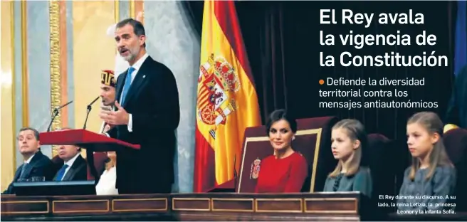  ?? EFE/KIKO HUESCA ?? El Rey durante su discurso. A su lado, la reina Letizia, la princesa Leonor y la infanta Sofía.