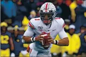  ?? PAUL SANCYA — THE ASSOCIATED PRESS FILE ?? Ohio State quarterbac­k Justin Fields could be the 49ers first-round pick at No. 3.