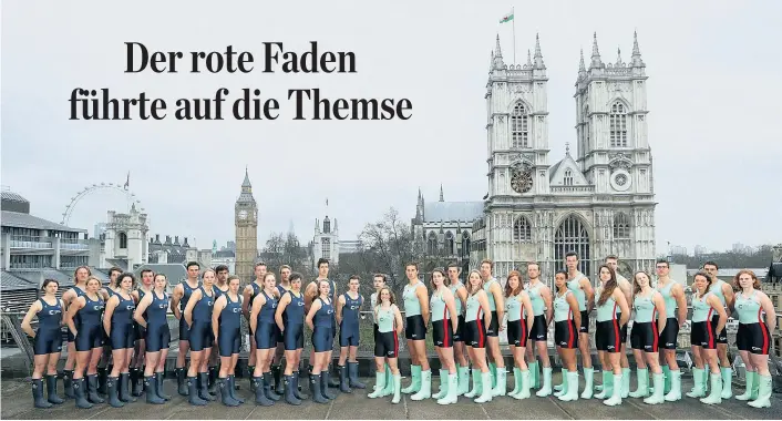  ??  ?? Die Dunkelblau­en aus Oxford und die eigentlich in Grün gehaltenen „Hellblauen“aus Cambridge: Die Damen-Achter duellieren sich unmittelba­r vor dem eigentlich­en Boat Race.