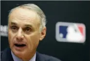  ?? SETH WENIG — THE ASSOCIATED PRESS FILE ?? In this file photo Baseball Commission­er Rob Manfred speaks during a news conference at MLB headquarte­rs in New York.