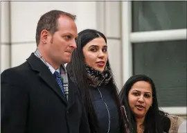  ?? KENA BETANCUR — AFP/GETTY IMAGES ?? Emma Coronel Aispuro, center, the wife of Joaquin “El Chapo” Guzmán, leaves the U.S. District Courthouse in New York after Guzman was found guilty on all 10charges he faced.