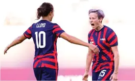  ?? Photograph: Zhizhao Wu/Getty Images ?? Megan Rapinoe celebrates with Carli Lloyd after scoring one of her two goals for the USA against Australia.