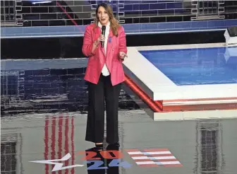  ?? GREGORY LOVETT/USA TODAY ?? Republican National Committee Chair Ronna McDaniel begins the presidenti­al primary debate hosted by NBC News on Nov. 8 in Miami. She resigned last month.