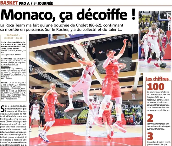  ?? (Photos Michael Alesi)) ?? Aaron Craft s’envole sous le cercle : Monaco a débordé Cholet. Joyce.