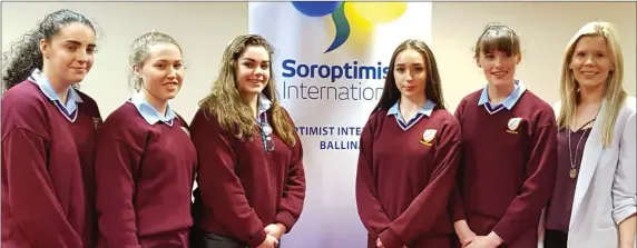  ??  ?? Soroptimis­t competitor­s representi­ng Jesus and Mary Secondary School Enniscrone at the regional event in Ballina. Pictured left to right: Lauren Gregory, Emily Carden, overall winner Grace Gallagher, Elle McGowan, first runner up lucy Hamilton and...