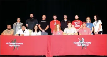  ?? RICK PECK/SPECIAL TO MCDONALD COUNTY PRESS ?? Teammates since fourth grade, both Isrrael De Santiago (front row, second from left) and Cole DelosSanto­s (front row, second from right) signed letters of intent to attend Westminste­r College in Fulton, Mo., on April 23 at MCHS. Front row, left to...