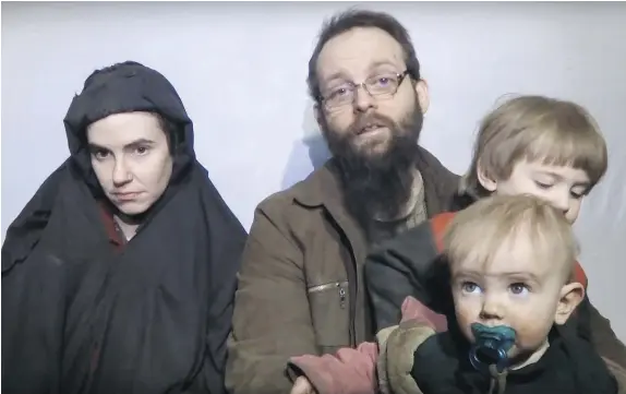  ??  ?? American Caitlan Coleman and Canadian husband Joshua Boyle with two of their three children in an image released last December, were rescued by Pakistani soldiers on Wednesday after their Haqqani network kidnappers had crossed into Pakistan from...