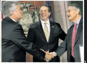  ??  ?? JUNK MALE: Sen. Andrea Stewart-Cousins is set to be majority leader and the first woman after the customary “three men in a room,” once run by Gov. Cuomo and ousted leaders Dean Skelos (left) and Sheldon Silver (right).