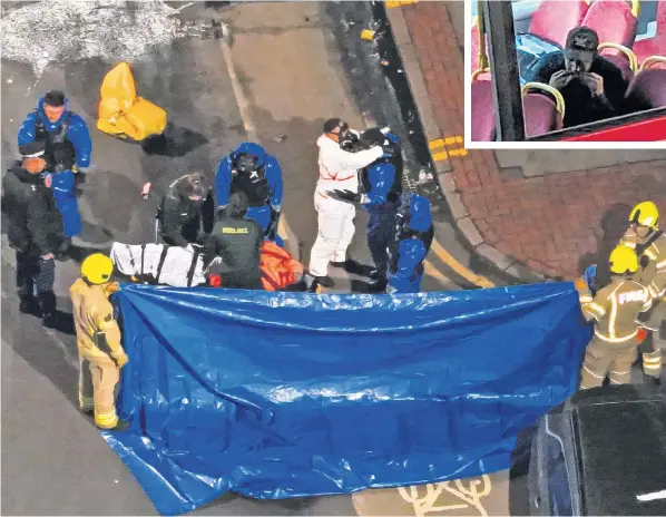  ?? ?? Metropolit­an Police officers on London Road, in Croydon along with firefighte­rs using what appear to be hazmat suits before confrontin­g an unknown man, inset, who allegedly took control of a bus on Sunday night