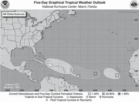  ?? NOAA ?? The National Hurricane Center is keeping an eye on three systems in the Atlantic Ocean, and one could become the next tropical depression of this year’s hurricane season early this week.