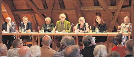  ?? FOTO: SIMON NILL ?? Auf dem Podium sitzen (von links): Waldemar Westermaye­r (CDU), Benjamin Strasser (FDP), Helmut Dietz (AfD), Moderator Gottfried Härle, Heike Engelhardt (SPD), Agnieszka Brugger (Grüne) und Ralph Heidenreic­h (Linke).