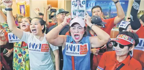  ??  ?? Supporters of Pheu Thai Party react after unofficial results that put the pro-junta Palang Pracharat Party in surprise lead. — Reuters photo