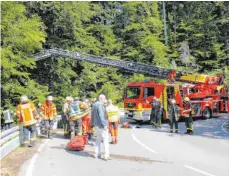  ?? FOTO: STEFANIE GRONOSTAY ?? Die Feuerwehre­n Lindenberg, Scheidegg und Niederstau­fen sind bei der Bergung eines Motorradfa­hrers im Einsatz. Der Mann ist auf der Alpenstraß­e B 308 über die Leitplanke in die Rohrachsch­lucht gestürzt.