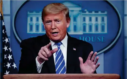  ?? MADEL NGAN, AFP VIA GETTY IMAGES ?? U.S. President Donald Trump speaks during the daily briefing on the coronaviru­s in the Brady Briefing Room of the White House on April 23, 2020, in Washington, DC.