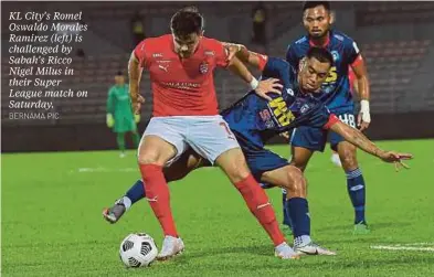  ?? BERNAMA PIC ?? KL City’s Romel Oswaldo Morales Ramirez (left) is challenged by Sabah’s Ricco Nigel Milus in their Super League match on Saturday.