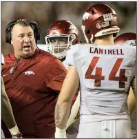 ?? NWA Democrat-Gazette/BEN GOFF ?? Arkansas Coach Bret Bielema (left) said Monday the Razorbacks have a chance to duplicate the performanc­e of his 2015 team, which opened the season 2-4 but won six of its last seven games.