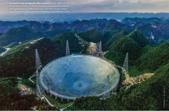  ??  ?? A result of the worldwide effort started by the 1993 Internatio­nal Union of Radio Science conference to build the next generation of radio telescope, the FAST project began constructi­on in 2011, and was completed in September 2016