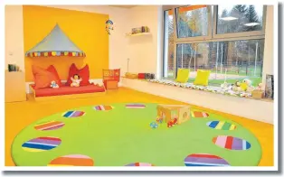  ??  ?? Kunterbunt­e warme Farben zieren das Kinderhaus. Große Fenster lassen Licht in die Räume fluten und reichen fast bis zum Boden, damit die Kinder auch bequem rausschaue­n können.