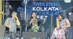  ?? COURTESY KLM ?? Jim Sarbh, Mallika Sarabhai and Shrayana Bhattachar­ya at the Kolkata Literary Meet.