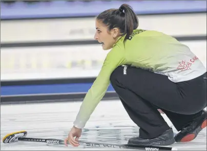  ?? JASON SIMMONDS/JOURNAL PIONEER ?? Skip Shannon Birchard calls a shot during Monday’s opening draw in the 2017 Home Hardware Road to the Roar Pre-Trials curling event at Eastlink Arena. Birchard pulled out a 6-5 win over Julie Tippin.